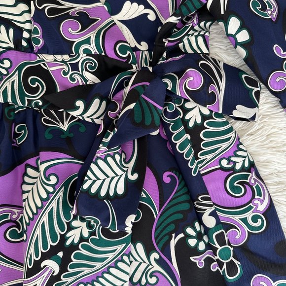 EUC Tibi Silk Paisley Navy & Purple Tie Front Tunic Top 3/4 Sleeve Sz Small - Picture 4 of 13